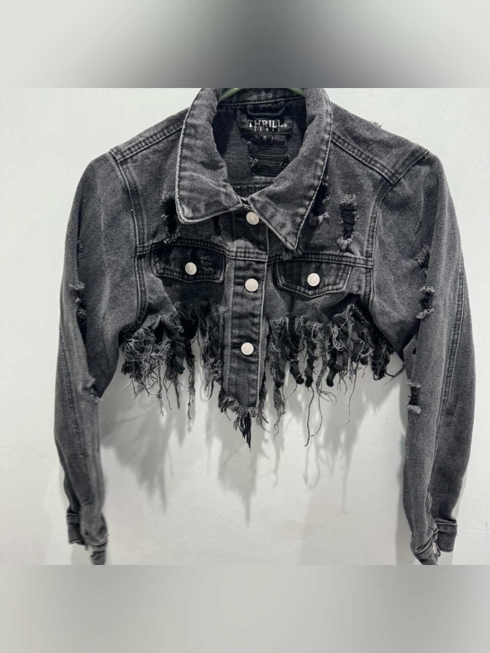 Thrill Jeans women size XL Distressed Black Cropped Denim Jacket